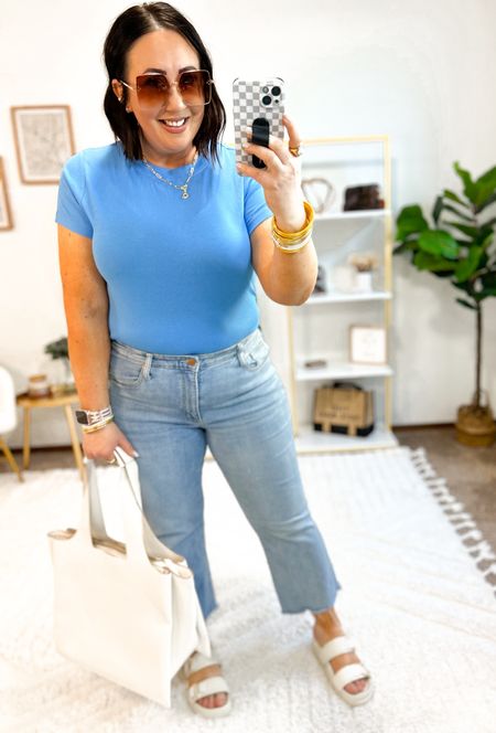 New ribbed tees from Target!  Several bright colors available. Love this blue for spring and summer.  So pretty.  Sized up to an xxl in mine for more room. Jeans are oos but linked similar ones. Sandals run tts  

#LTKmidsize #LTKSeasonal #LTKsalealert