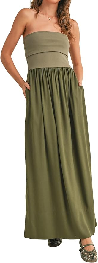 MISSACTIVER Womens Summer Drop Waist Flowy Patchwork Strapless Maxi Tube Dress Off Shoulder Casua... | Amazon (US)