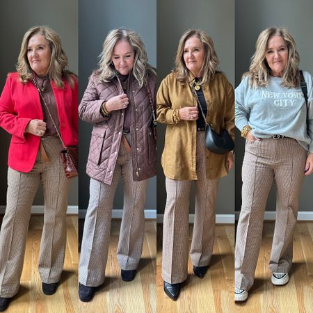 Bistretch flare in a small plaid. Treat it as a neutral. Wearing size 31/12
Blazer size XL code NANETTE10 10% off
Quilted jacket size petite 12/large. It’s roomy for layering. 
Faux suede shirt jacket. Wow. Size L and roomy. 
Graphic sweatshirt NYC size L 
Sneakers tts
Boots size up 1/2
Linking similar brown blouse and black long sleeve tee 


#LTKsalealert #LTKSeasonal #LTKmidsize