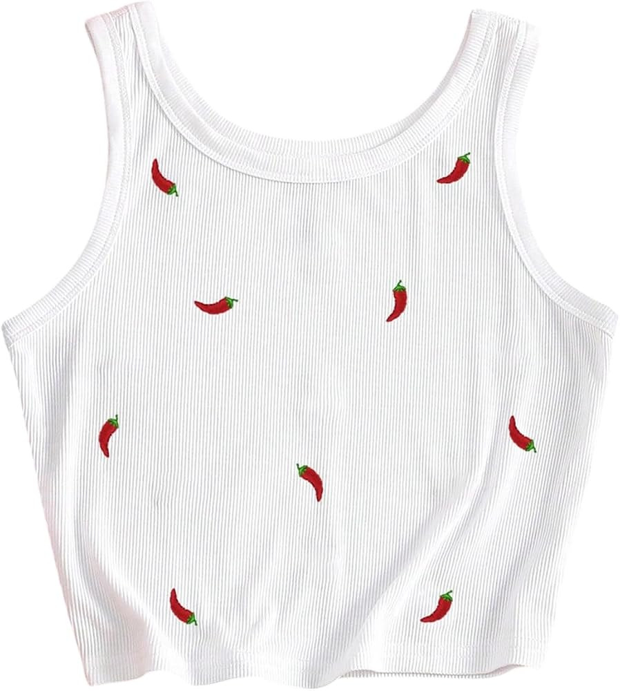 SweatyRocks Women's Chili Pepper Embroidery Crop Tops Casual Summer Crewneck Ribbed Tank Top | Amazon (US)