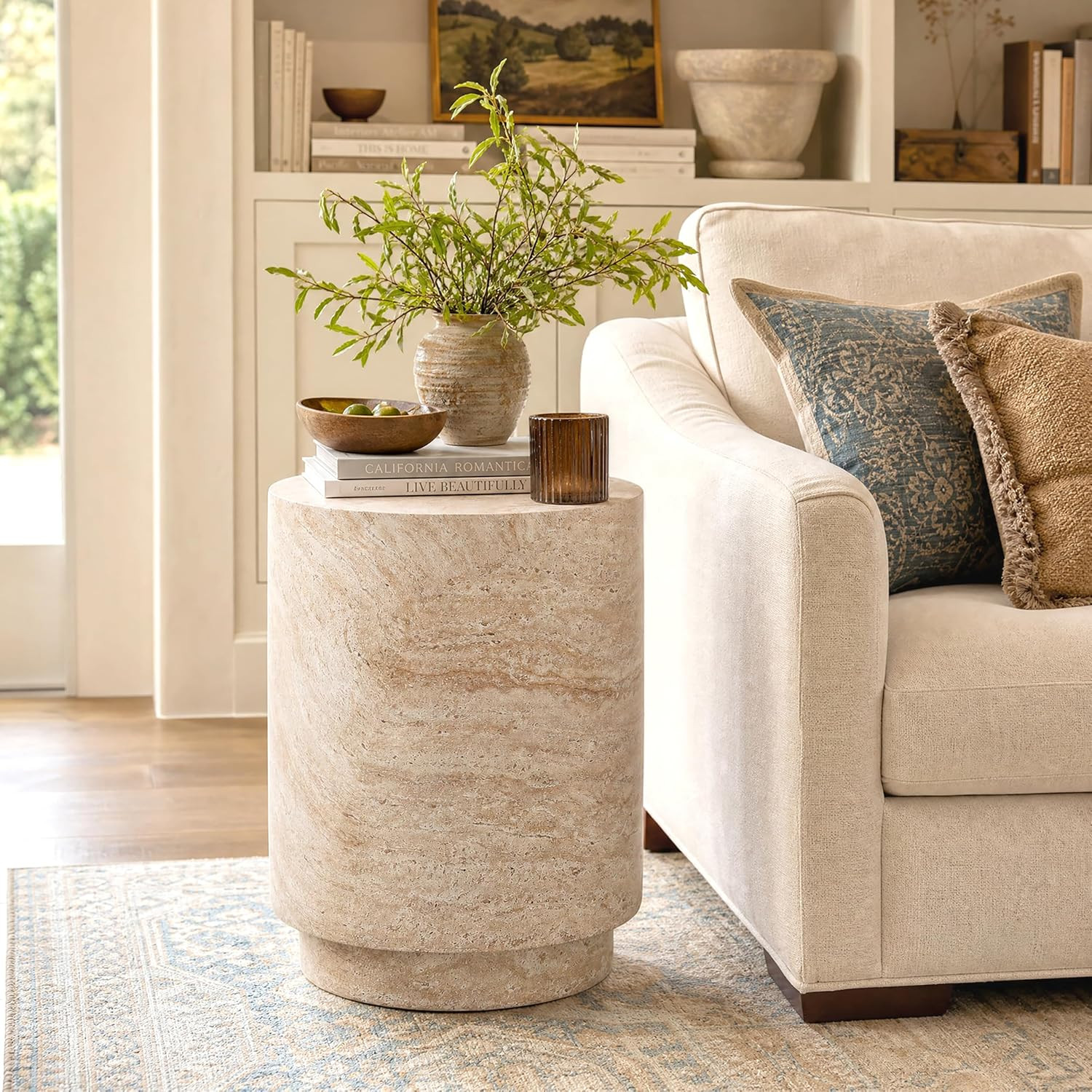 18" Round Side Table, Travertine-Style Cement Drum Accent Table | Amazon (US)