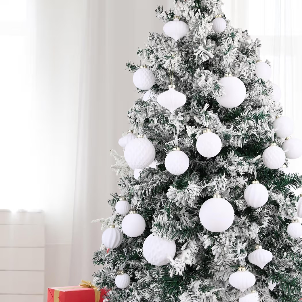 Flocked Ornaments for Christmas Tree Decorations - 28pcs White Velvet Ball Ornament for Xmas Holi... | Amazon (US)