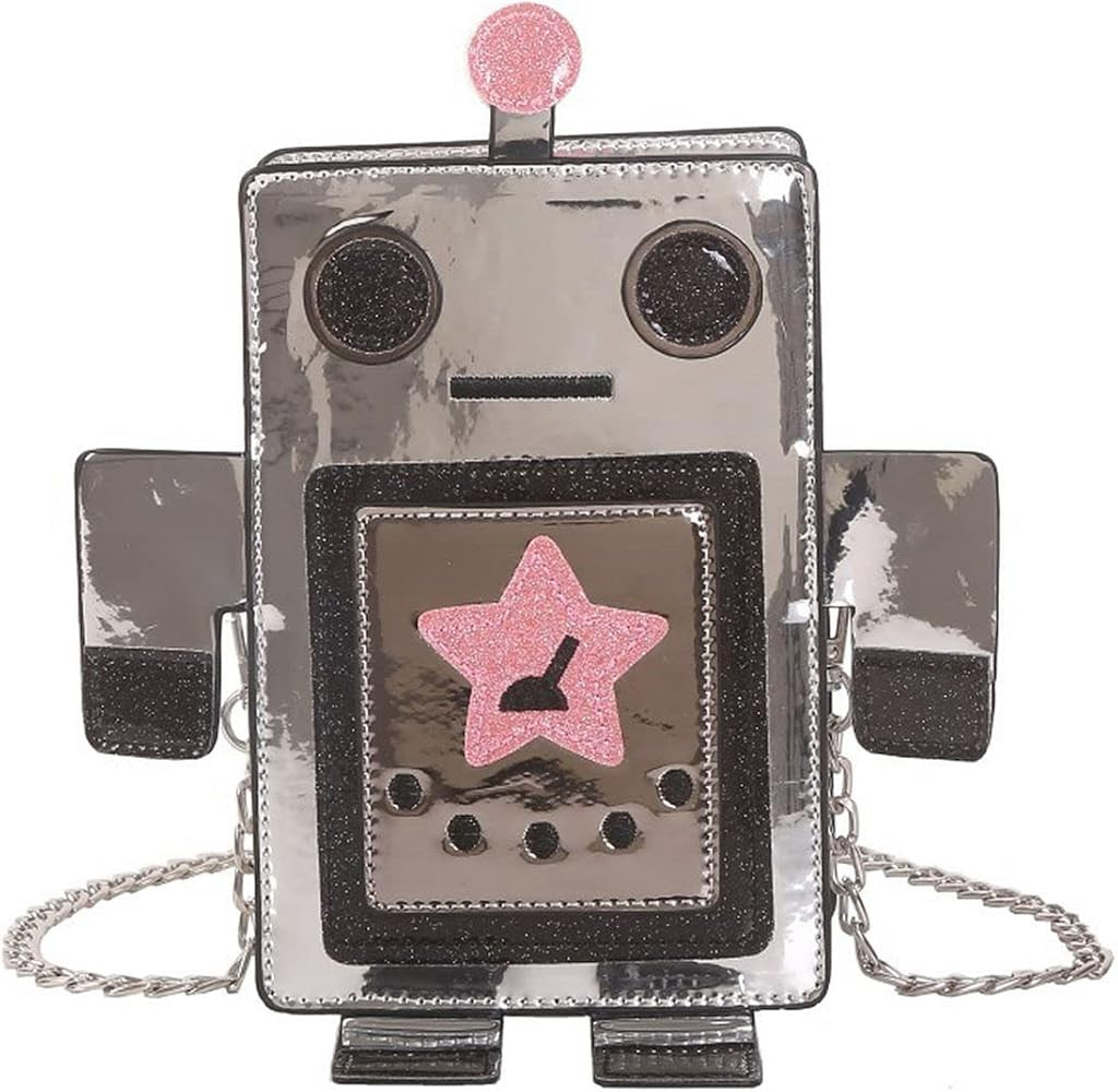 QZUnique Robot Shape Shoulder Bag 3D Pu Leather Purse Glossy Crossbody Bag with Detachable Chain | Amazon (US)