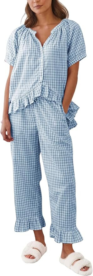Gihuo Gingham Pajama Set for Women 2 Piece Plaid Cotton Button Down Top and Pants Ruffle Babydoll... | Amazon (US)