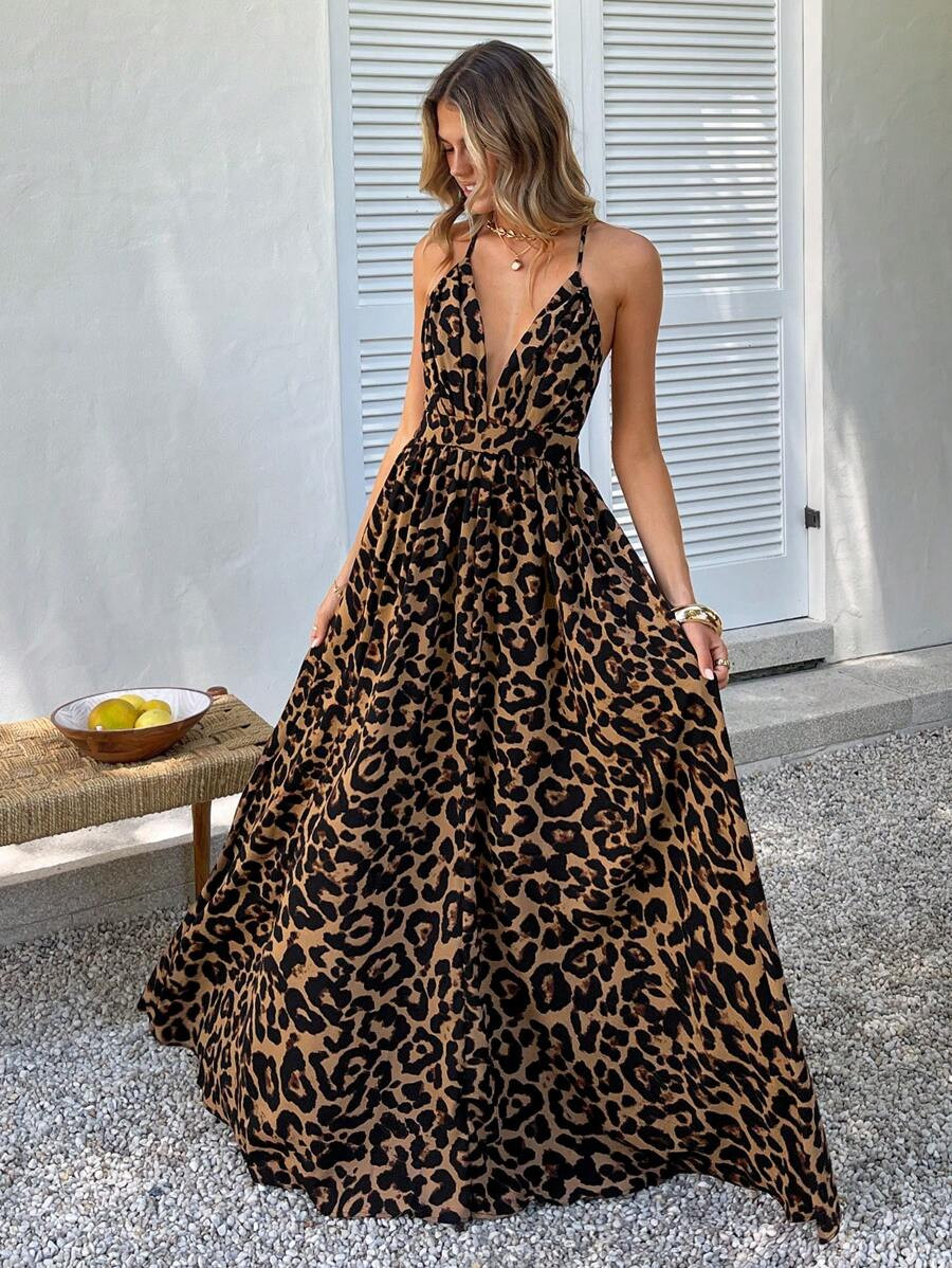 KARISMINA Plunging Neck Crisscross Open Back Leopard One Piece Spring Dress,Summer Dresses
Spring... | SHEIN