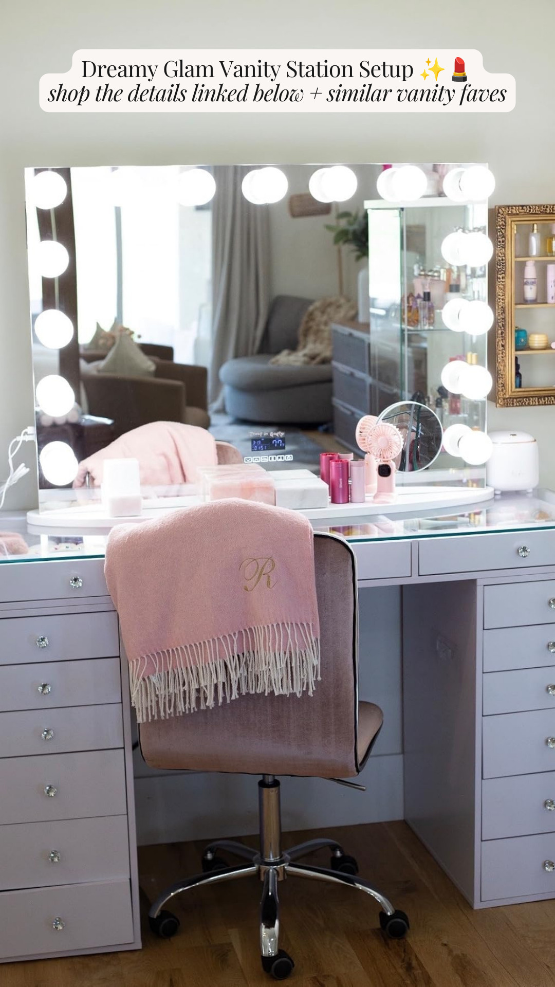 Having a dedicated space to get ready makes every morning feel so glamorous! ✨

This setup features a Hollywood vanity mirror with built-in bulbs, a sleek grey desk with crystal knobs, a plush chair draped with a cozy monogrammed throw, and all your favorite beauty essentials within reach.

Shop this vanity setup and room decor favorites linked below! 🛒

Follow for more @OPERATION_NIKI on IG, TikTok, & Facebook

#VanitySetup #BeautyRoom #HollywoodMirror #OperationNiki #GlamCorner #CozyVibes #HomeDecor #GettingReady #ShoppingHaul 

 #LTKHome #LTKBeauty