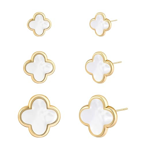 Clover Earring 3 Pair Small Stud Earrings for Women Four Leaf Hypoallergenic Non Tarnish Earrings Sensitive Ears Cute for Birthday Christmas Anniversary Lucky Gifts (Gold/Clover Stud Earrings/White) | Amazon (US)