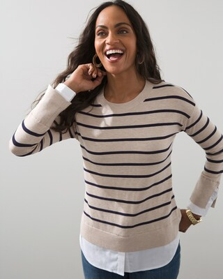 Woven Shirt Detail Stripe Knit Sweater | Chico's