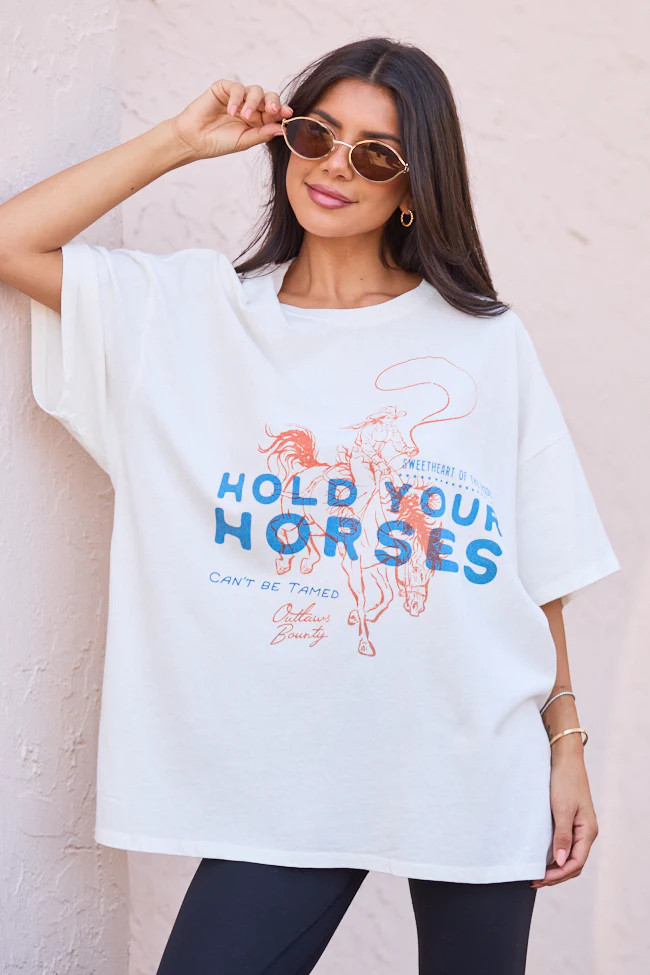 Hold Your Horses Off White Oversized Graphic Tee | Pink Lily
