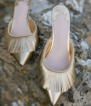 x Jennifer Sumko Mimi Metallic Leather Fringe Dress Mules | Dillard's