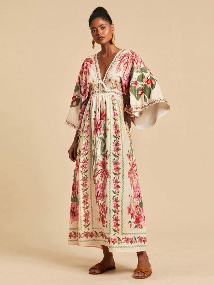 Travachic Vestido Estampado Con Cuello En V Y Manga 3/4 Para Mujer, Atuendos De Verano, Ropa De Playa, Primavera Y Verano, Pascua, Atuendos Festivos, Ropa De Playa Para Mujer, Vacaciones De Primavera, Atuendos De Vacaciones Para Mujer, Atuendos De Concierto Para Mujer, BOHO, Bohemia, Festival De Música, Atuendos Del 4 De Julio, Ropa De Vacaciones Tropicales Para Mujer, Vestido De Vacaciones, Ropa Bohemia Para Mujer | SHEIN