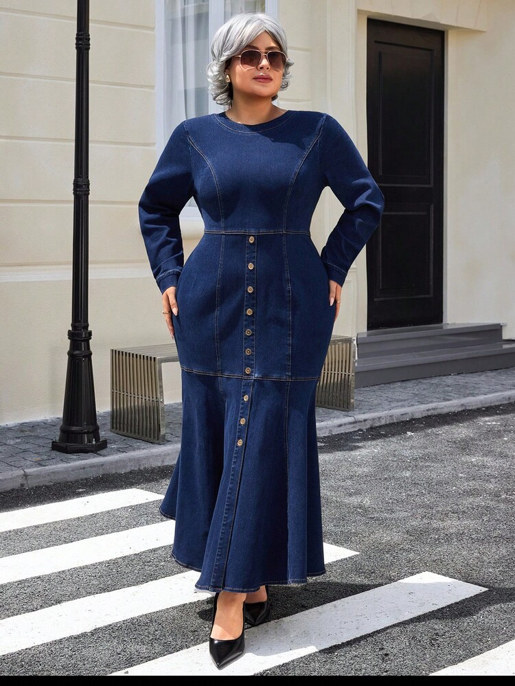 EMERY ROSE Plus Size Casual Street Style Waist Cinched Long Sleeve Denim Dress For Women | SHEIN