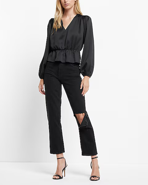 Long Sleeve V-Neck Peplum Top | Express