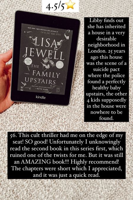 56. The Family Upstairs by Lisa Jewell :: 4.5/5⭐️ Libby finds out she has inherited a house in a very desirable neighborhood in London. 25 years ago this house was the scene of a suicide pact where the police found a perfectly healthy baby upstairs, the other 4 kids supposedly in the house were nowhere to be found. This cult thriller had me on the edge of my seat! SO good! Unfortunately I unknowingly read the second book in this series first, which ruined one of the twists for me. But it was still an AMAZING book!!! Highly recommend! The chapters were short which I appreciated, and it was just a quick read. 


#LTKhome #LTKtravel