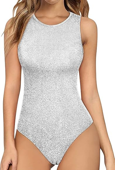 Nlife Womens Mock Turtle Neck Shiny Bodysuit Sparkly Tops Long Sleeve Bodysuits Sparkle Jumpsuit | Amazon (US)