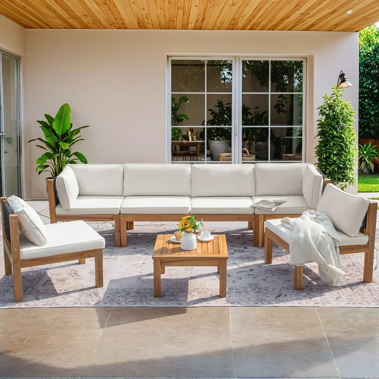 Homall 7 Pieces Patio Conversation Set Acacia Wood Outdoor Furniture Set, White | Walmart (US)