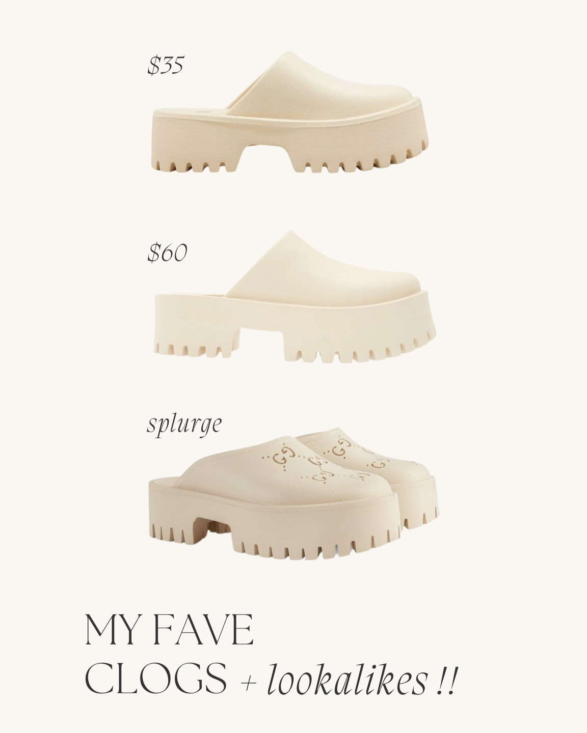 My Gucci clogs from last summer + two lookalikes one from Jeffrey Campbell that’s $60 and a target find for under $40! True to size. Gucci are a huge splurge I wear often and think they’re comfy but these are great affordable options for the same look! 

#LTKunder100 #LTKSeasonal #LTKshoecrush