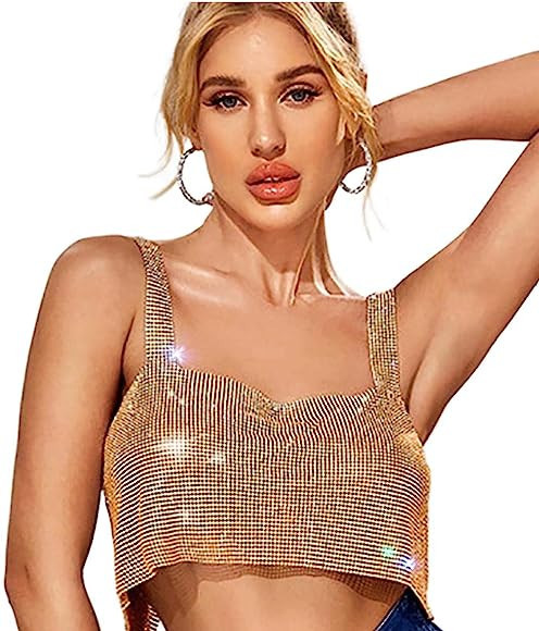 Fstrend Crystal Rhinestones Crop Top Sparkly Gold Halter Tank Top Shirts | Amazon (US)