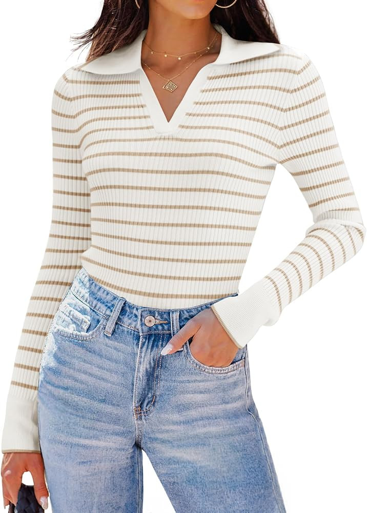 ZESICA Women's Long Sleeve V Neck Knit Tops 2024 Fall Striped Sweater Slim Fit Casual Basic Tee T... | Amazon (US)