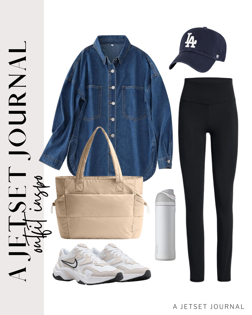 A slightly darker shade of this denim shirt and black leggings is our next pair. This dark-colored cap with embroidered L.A. details looks great with this outfit. So chic! 

 #LTKSeasonal #LTKSaleAlert #LTKTravel