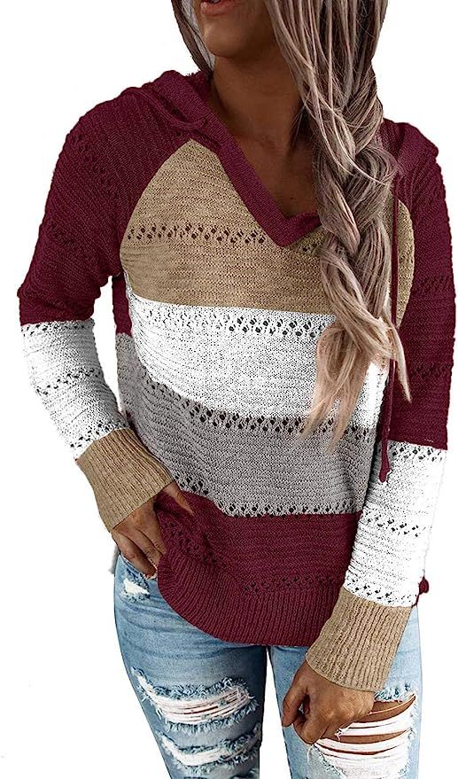 FEKOAFE Womens Striped Color Block Hoodies Fashion V Neck Knit Sweater Pullovers | Amazon (US)