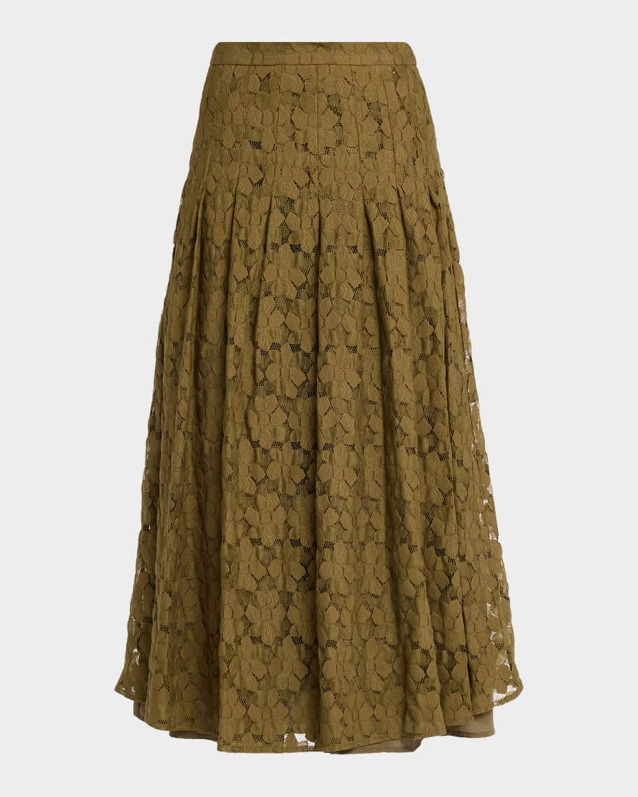 Max Mara Studio Pleated Floral Lace Midi Skirt | Neiman Marcus