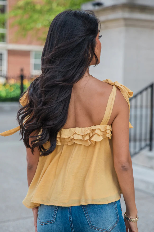 Not Easy To Forget Yellow Tie Shoulder Ruffle Trim Tank | Pink Lily