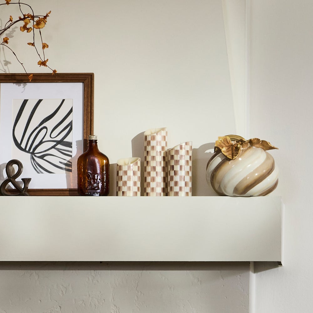Mocha Check Flameless 9" Pillar Candle | MacKenzie-Childs