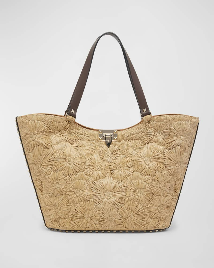 Valentino Garavani Garden Flower Rockstud Straw Tote Bag | Neiman Marcus