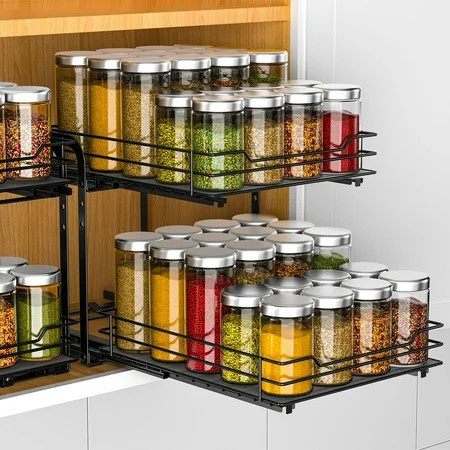 BOIVSHI Double Pull Out Spice Rack Organizer for Cabinet,Slide Out Shelf,Multi Purpose Kitchen Cabinet Organizer, Black | Walmart (US)