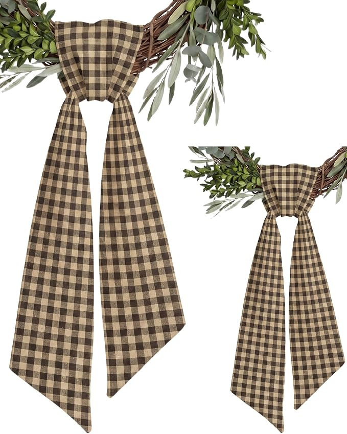 Brown and Cream Gingham Wreath Sash 2 Pack for Front Door, 5.1 x 54.3 Inch Checkered Plaid Bow Ri... | Amazon (US)