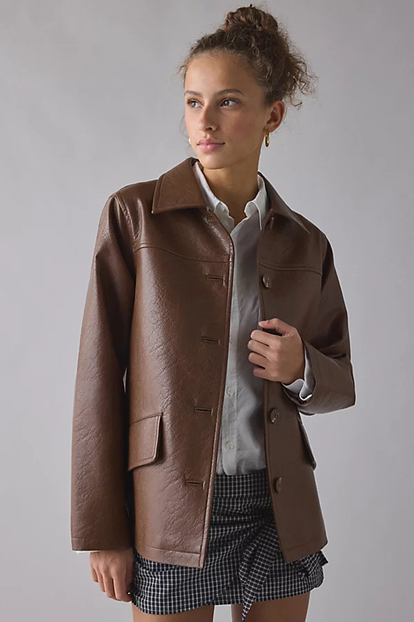UO Sydney Faux Leather Oversized Dad Jacket | Urban Outfitters (US and RoW)