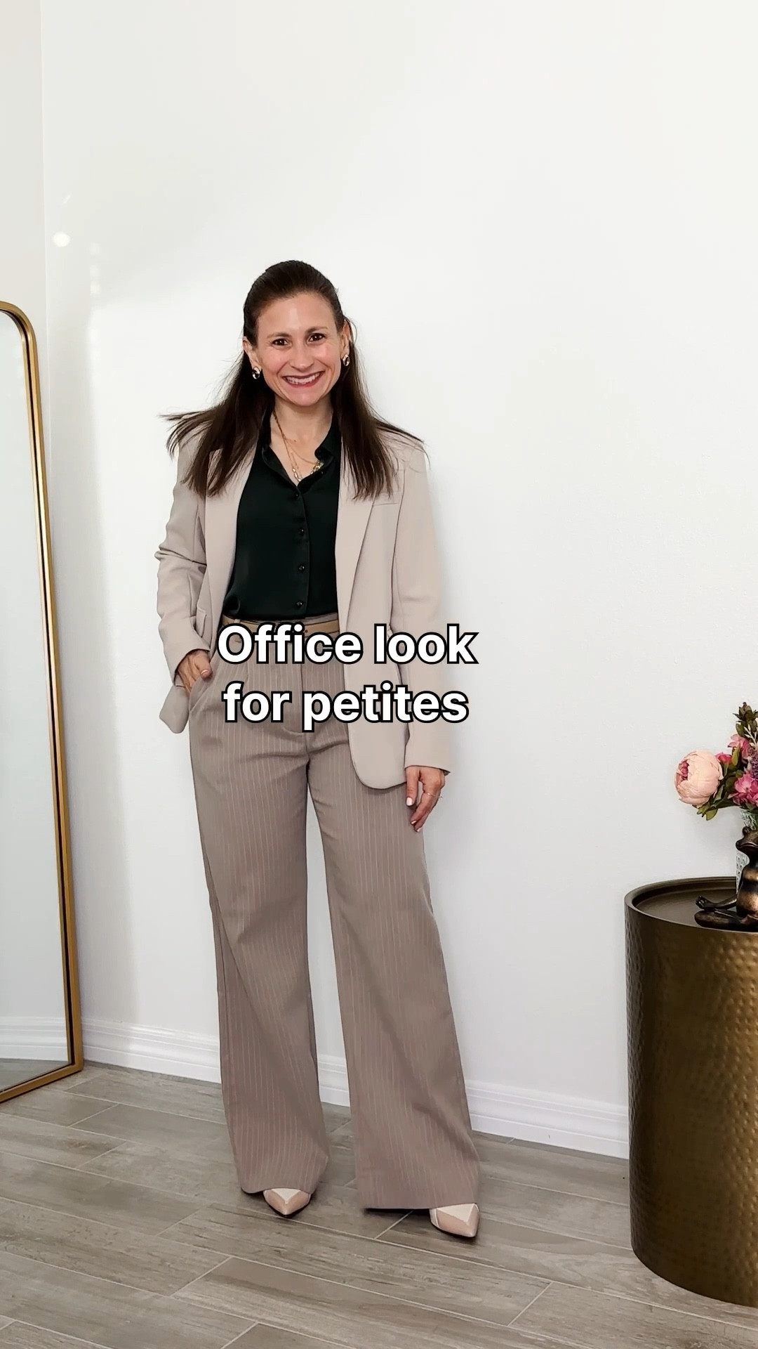 Petite approved office look. I’m almost 4’10” - so I hem my petite pants an inch for a low heel. Satin blouse with adjustable sleeves for larger arms @Quince @abercrombie 

#LTKWorkwear #LTKPetite #LTKootd