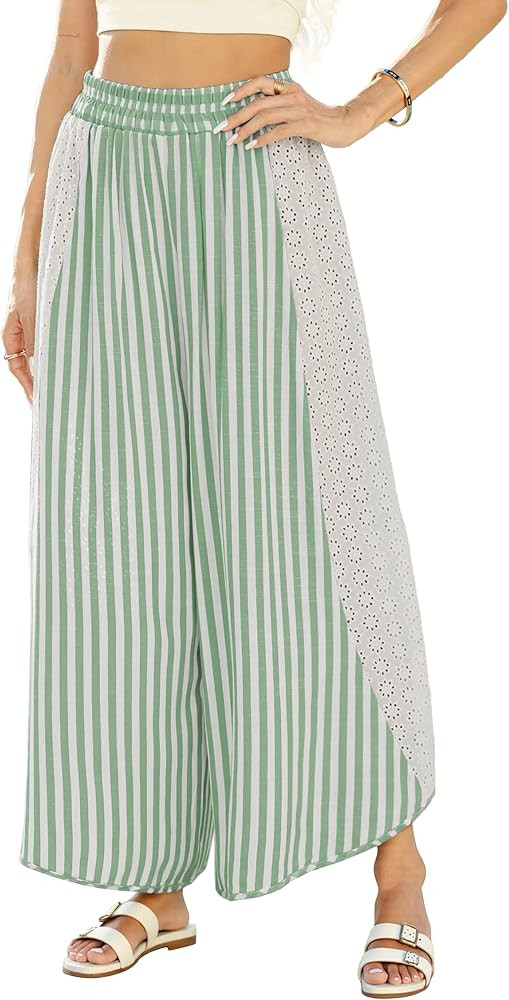 Womens Summer Palazzo Pants Casual Loose Striped Wide Leg Pants Elastic Waist Lounge Trousers | Amazon (US)