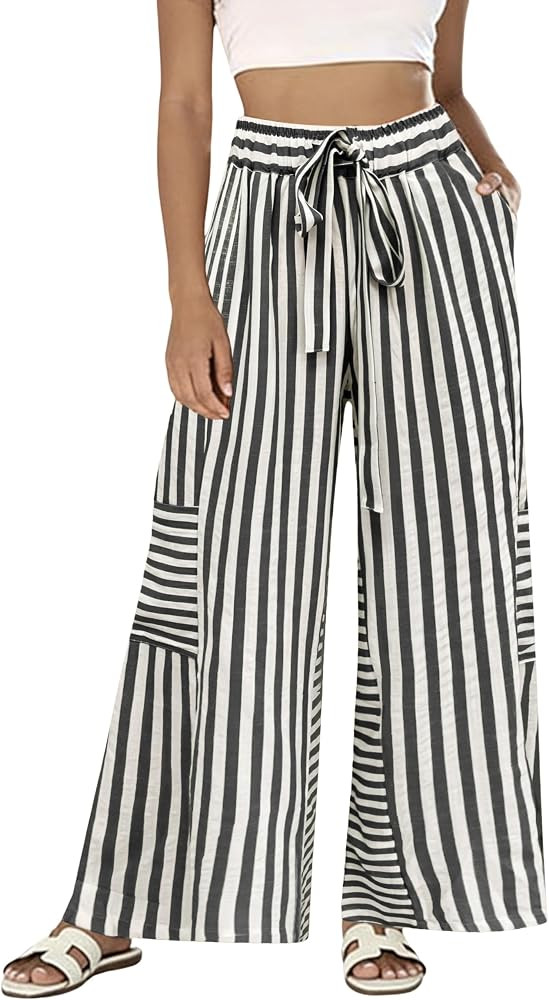 Bankeng Womens Summer Casual Striped Pants Loose Wide Leg Lounge Pants Elastic Waist Palazzo Trou... | Amazon (US)