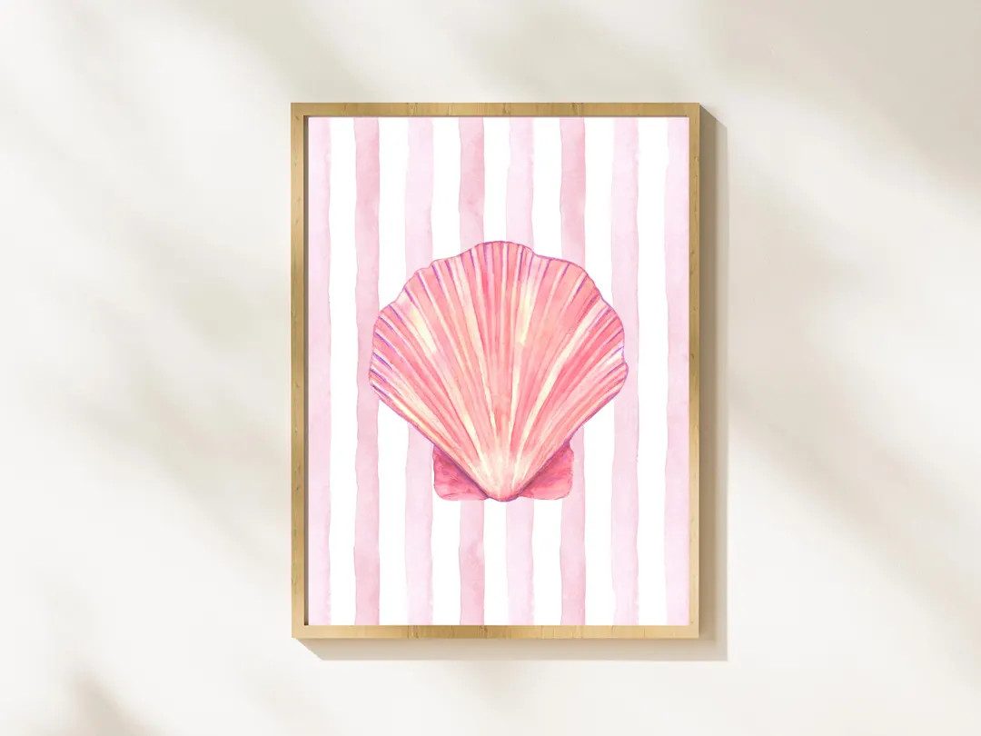 Seashell Artwork, Pink Shell on Pink Striped Background, Watercolor Painting, Coastal Hamptons Pr... | Etsy (US)