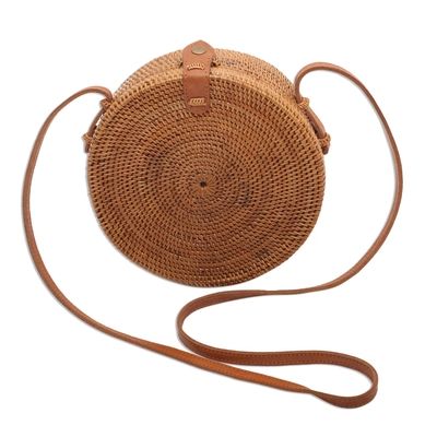 Round Woven Bamboo and Ate Grass Shoulder Bag | NOVICA