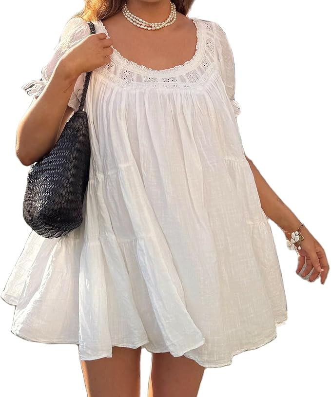 Women Puff Sleeve Babydoll Mini Dress Y2K Lace Trim Ruffle Flowy Dresses Summer Loose Swing Going... | Amazon (US)