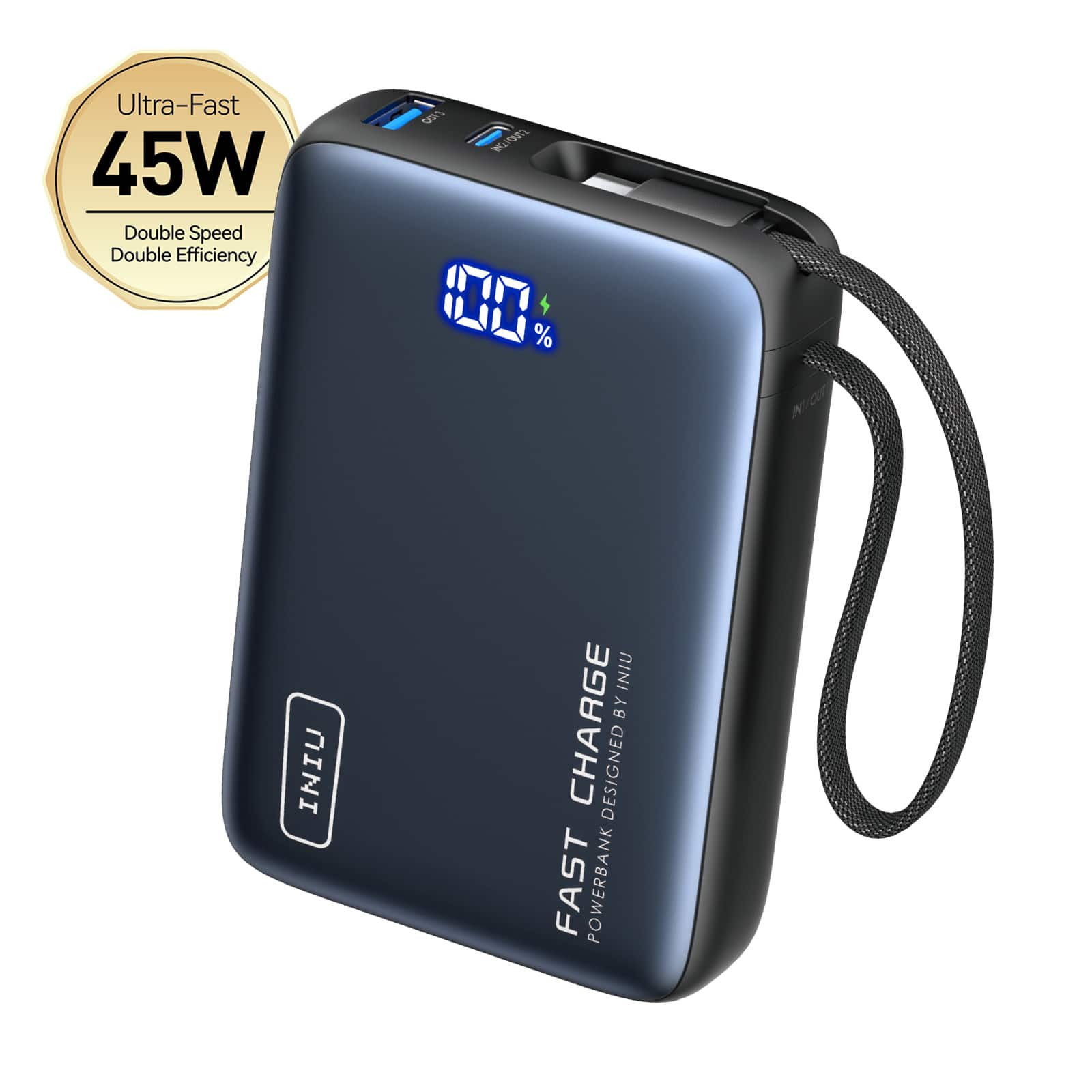 INIU - Portable Charger, Compact 20000mAh PD Power Bank with Built-in Cable & Digital Display for iPhone, Samsung etc - Black | Best Buy U.S.