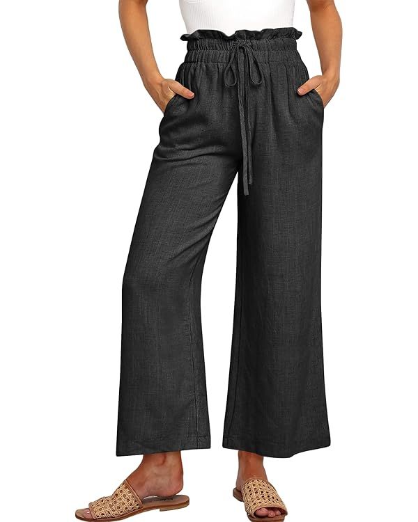 UEU Women's Linen Pants Summer Wide Leg Casual Loose High Waist Drawstring Capri Palazzo Pants Tr... | Amazon (US)
