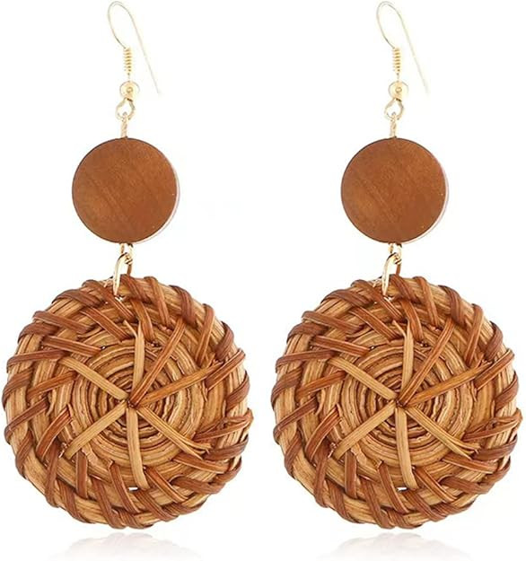 Bohemian Handmade Lightweight Rattan Earrings Geometric Wooden Woven Hollow Braid Hoop Drop Dangl... | Amazon (US)