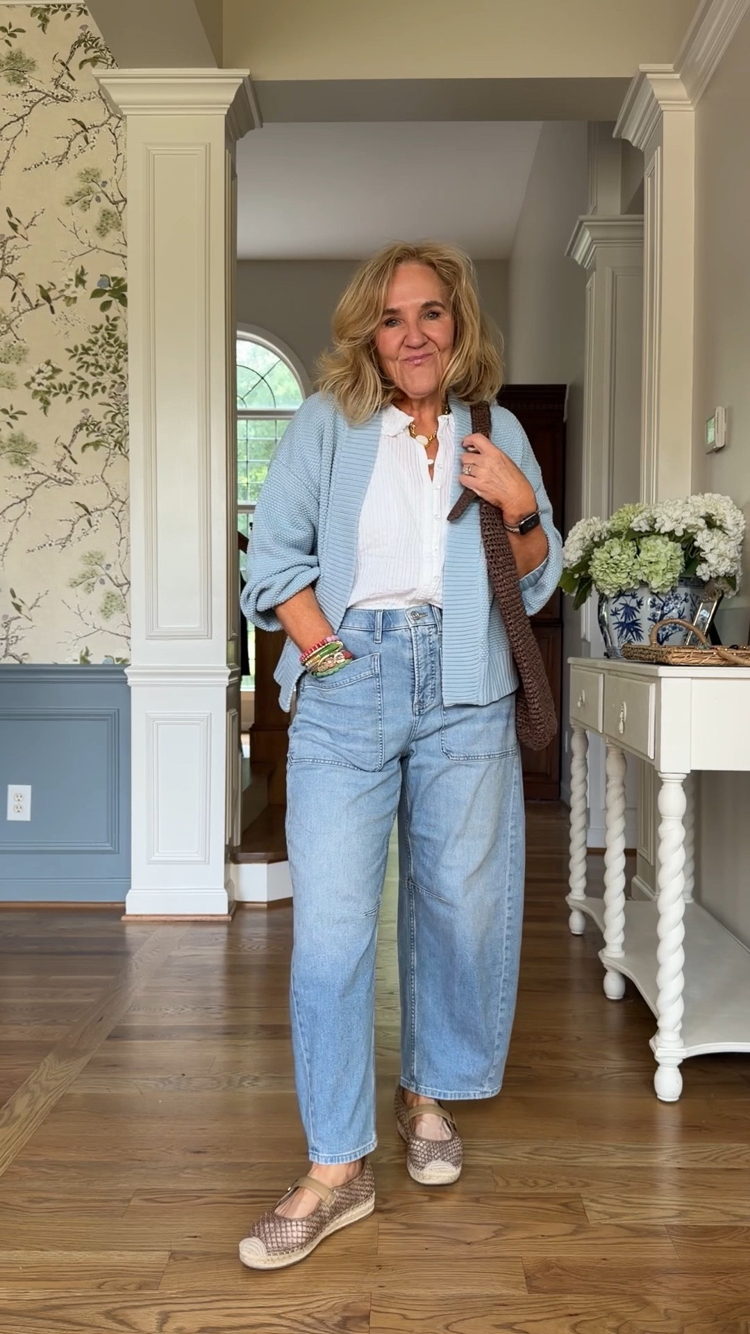 Restocked!!! This sweater is back. I love it. Size medium. 
White blouse restocked too! Medium 
Jeans are so comfortable. Lightweight denim from spanx.

#LTKOver40 #LTKootd #LTKPetite