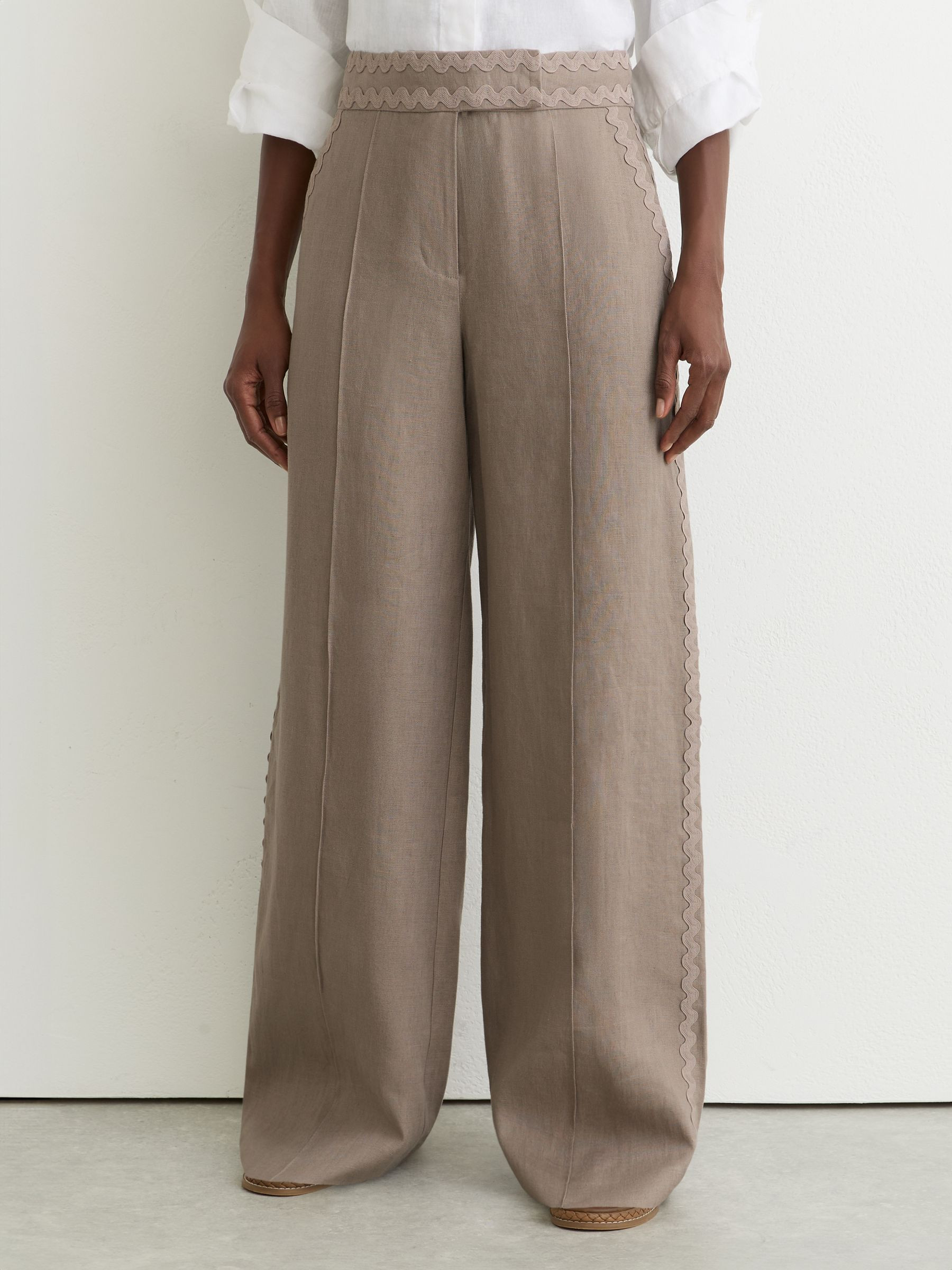 Reiss Petite Linen Wave-Trim Wide-Leg Trousers in Taupe Neutral | REISS | Reiss US