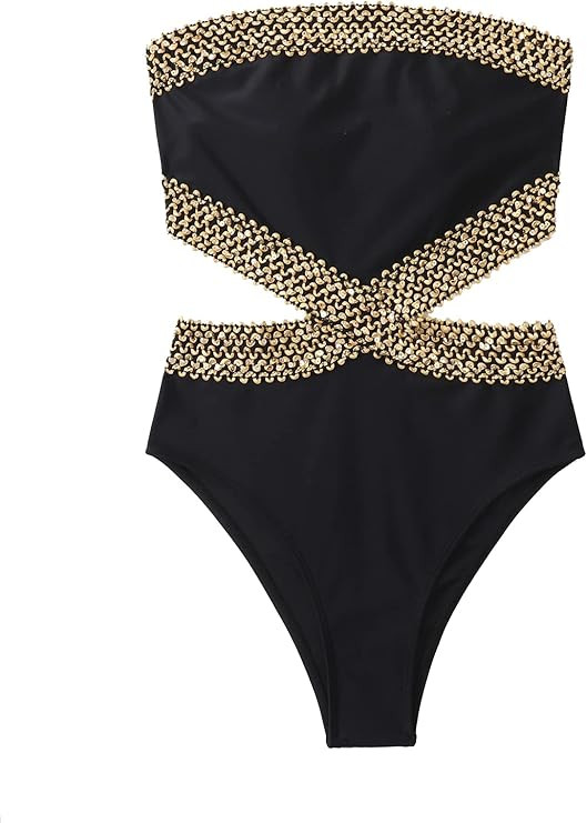 Milumia Women's Stitch Detail Strapless One Piece Swimsuit Cut Out Bandeau Bathing Suit | Amazon (US)