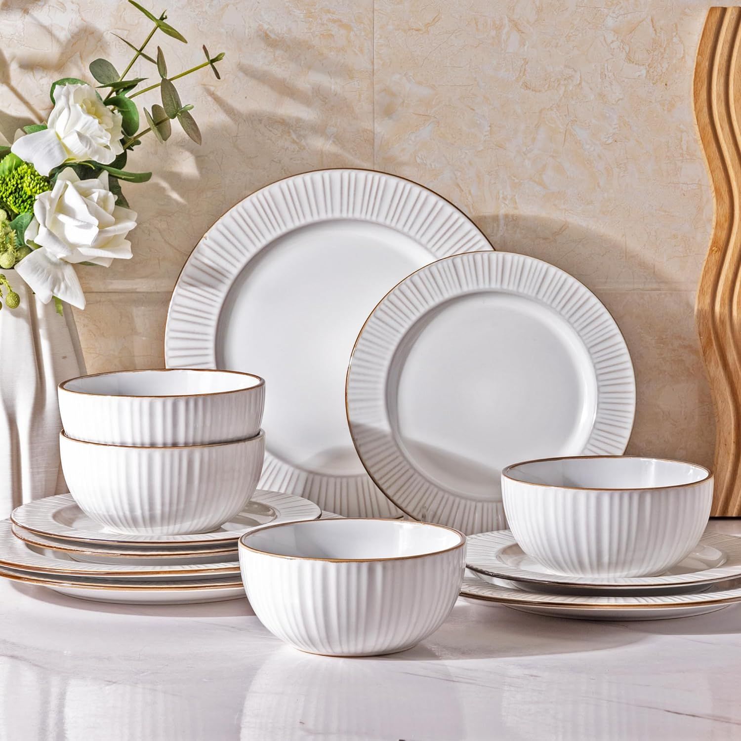 Ceramic Dinnerware Sets, Embossed Elegant Stoneware Plates and Bowls Sets, Housewarming Wedding G... | Amazon (US)