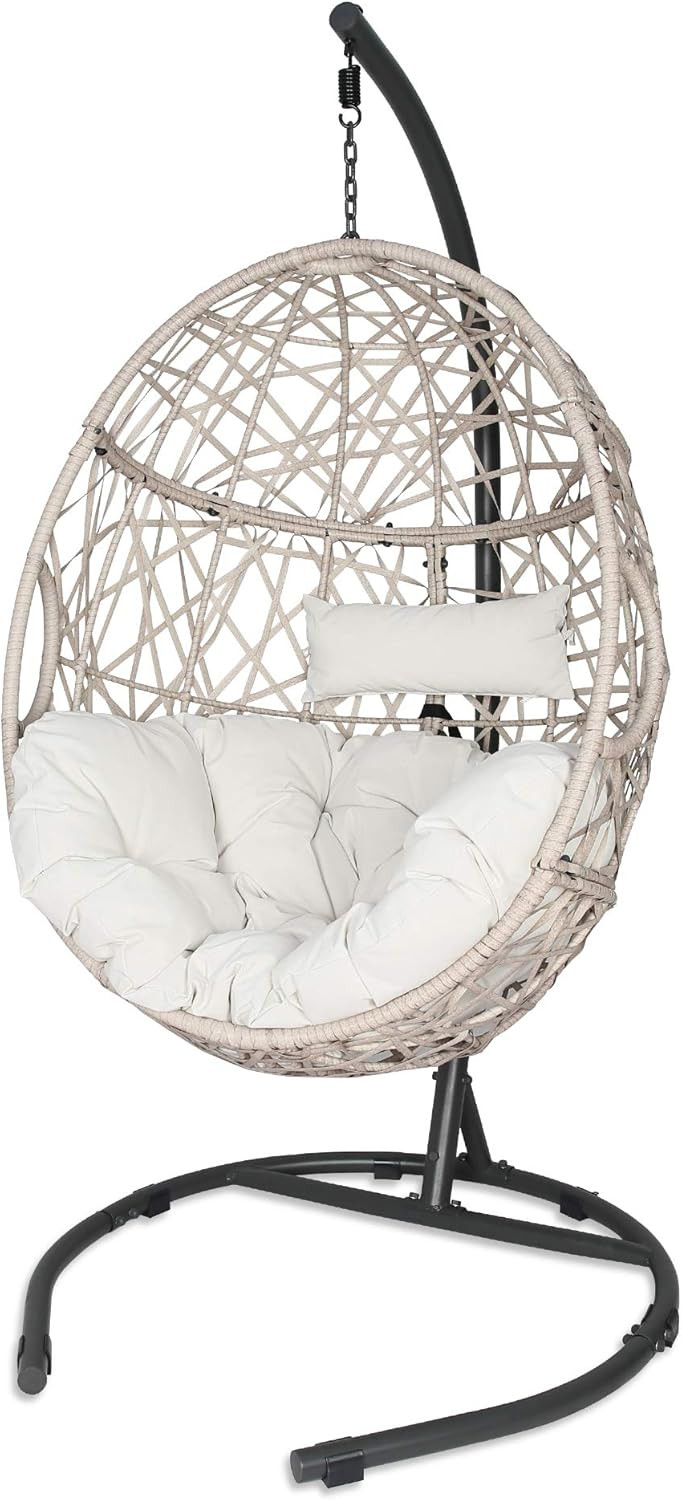 Iwicker Outdoor Rattan Egg Hanging Swing Chair with Cushions and Stand (Beige) | Amazon (US)