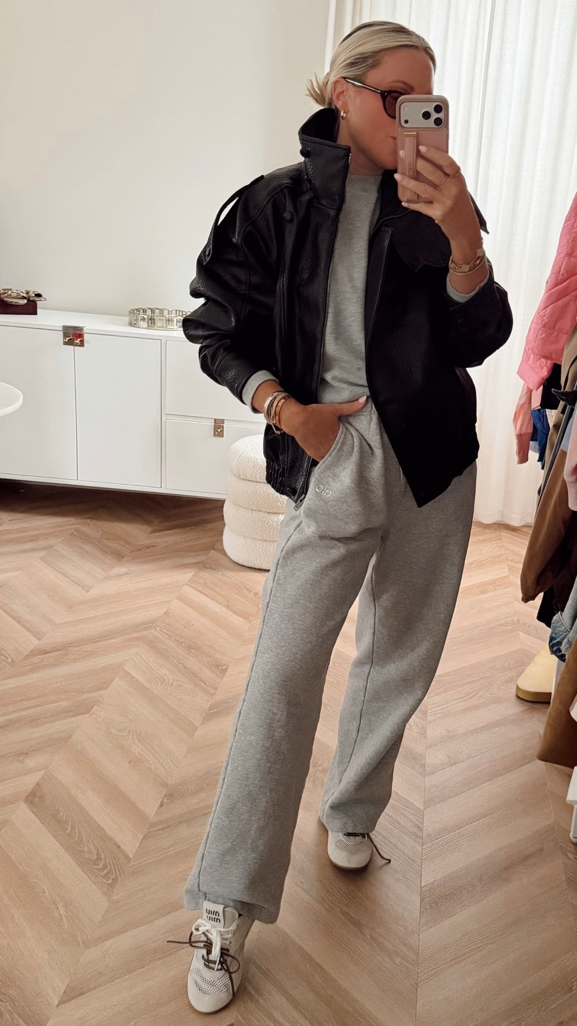 the jacket that will change your sweats & any look🔥. I’m in small. I love this thing! The collar makes it! Found in stock several places! Supposed to be the same jacket! 💯

Sneakers size up half. 

Casual outfit. Zara. Bomber jacket. Prada. Alo. Sweats. 

#LTKSeasonal #LTKgrwm #LTKootd