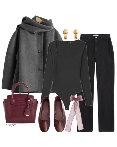 Grey wool scarf jacket, black scoop neck bodysuit, black high rise 90s jeans, burgundy bag, burgandy ballet flat shoes, burgundy hair bow & gold earrings.
Winter outfits, winter style. 

#LTKSeasonal #LTKstyletip #LTKmidsize