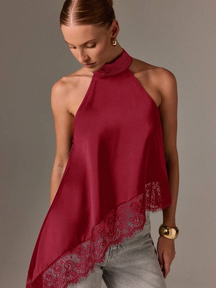AiiRZ Asymmetric Sleeveless Mock Neck Satin Evening Top With Delicate Lace Trim Halter Party Elegant Occasion Blouse | SHEIN