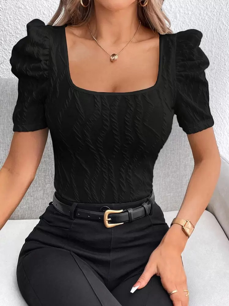 SHEIN Privé Square Neck Puff Sleeve Tee | SHEIN